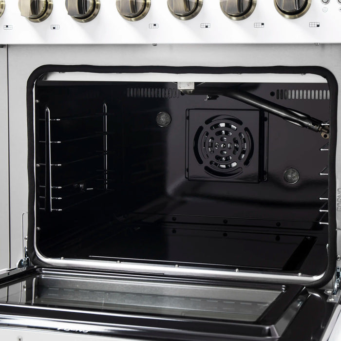 Forno Galiano 48-Inch French Door Gas Range with 8 Burners and 6.58 Cu. Ft. Convection Oven in White with Antique Brass Trim (FFSGS6444-48WHT)