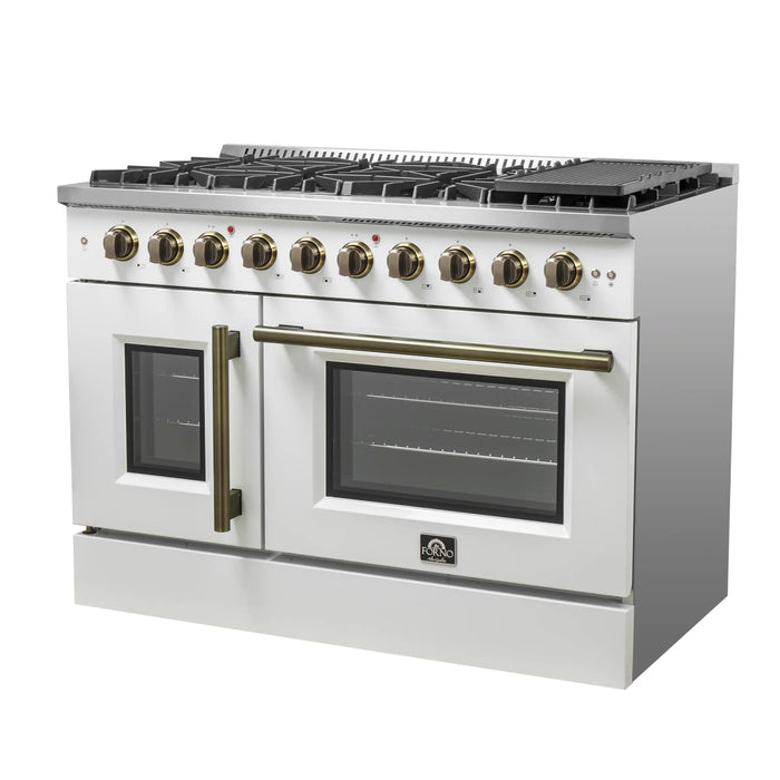 Forno Galiano 48-Inch French Door Gas Range with 8 Burners and 6.58 Cu. Ft. Convection Oven in White with Antique Brass Trim (FFSGS6444-48WHT)