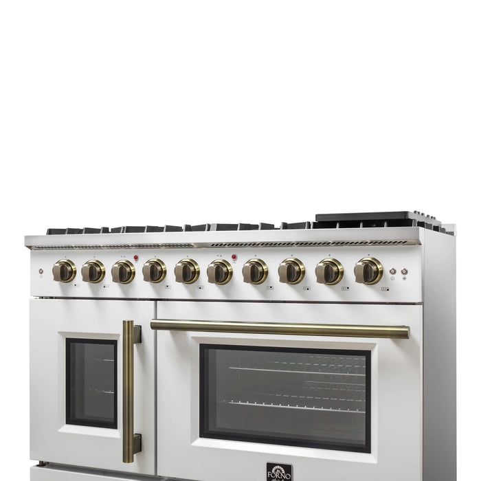 Forno Galiano 48-Inch French Door Gas Range with 8 Burners and 6.58 Cu. Ft. Convection Oven in White with Antique Brass Trim (FFSGS6444-48WHT)