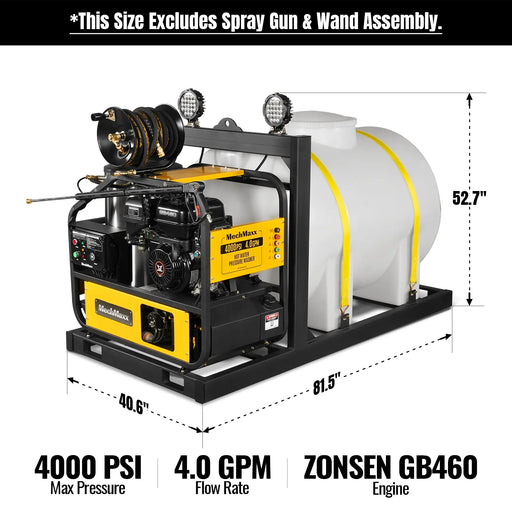 4000 PSI 4 GPM 15 HP ZONSEN E-Start Gas Engine Hot Water Pressure Washer Skid Mounted with 245 Gal Tank,  HPW40DBT