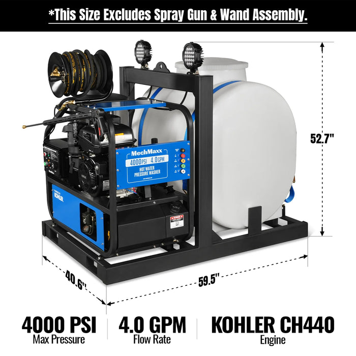 4000 PSI 4 GPM KOHLER E-Start Engine Hot Water Pressure Washer Skid Mounted with 175 Gal Tank,  HPW40KT