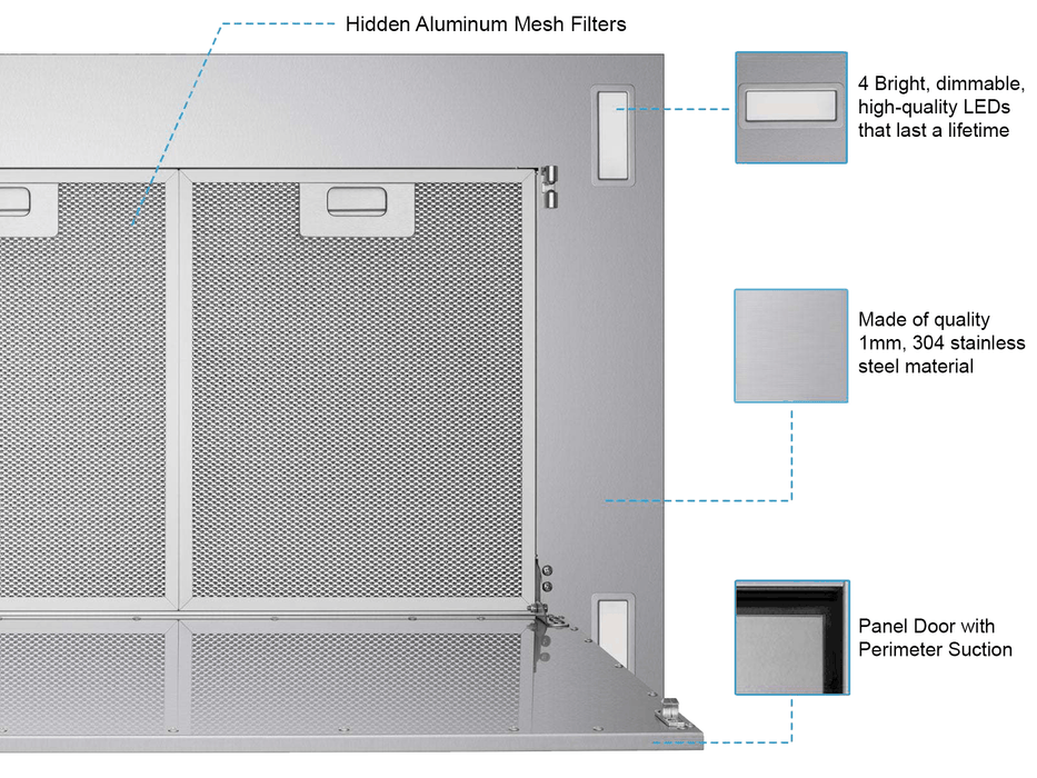 Victory Sunset stainless steel range hood feature callouts