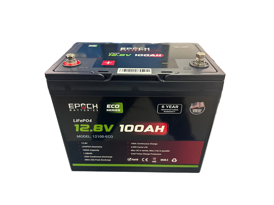 Epoch 12V 100Ah Eco Series LiFePO4 battery — top view