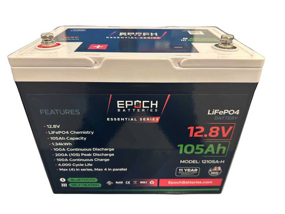 Epoch 12V 105Ah Essential Series LiFePO4 battery — terminal close-up
