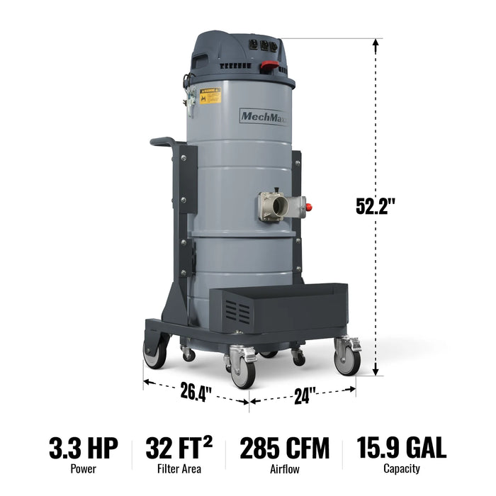 Industrial Wet/Dry Vacuum Cleaner with HEPA Filter Three Motor 3.3 HP 285 CFM 16 Gallon - 110V 1 Phase,  IVA3M