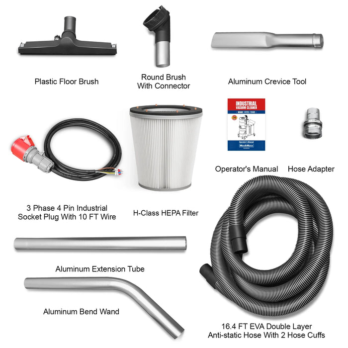 Industrial Wet/Dry Vacuum Cleaner with HEPA Filter Continuous Duty 8.6 HP 364 CFM 26.4 Gallon - 230V 3Phase,  IVB230