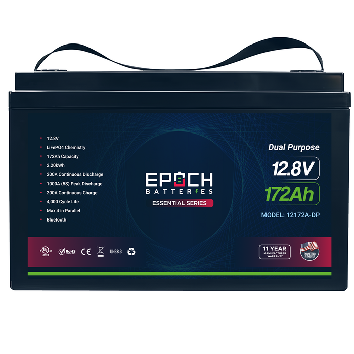 Epoch 12V 172Ah Essential Series LiFePO4 battery — feature callouts
