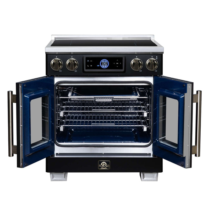 Forno Maximus 30-inch induction range in black front view with the door open