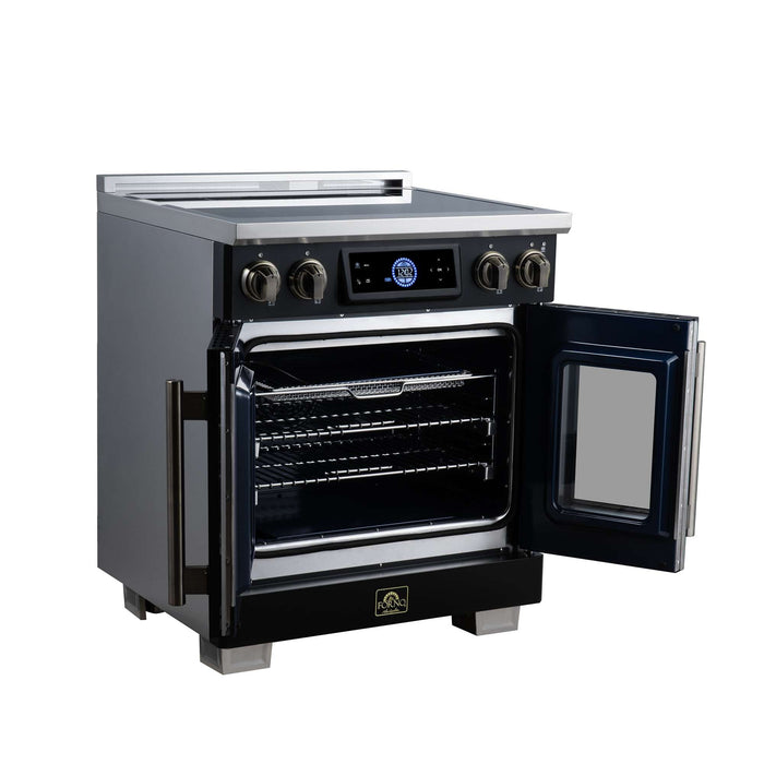 Forno Maximus 30-inch induction range in black left angled view with the door open