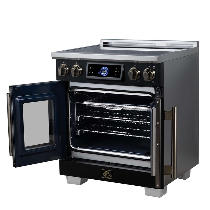Forno Maximus 30-inch induction range in black right angled view with the door open