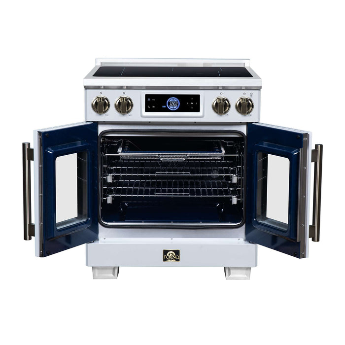 Forno Maximus 30-inch induction range in white front view with the door open