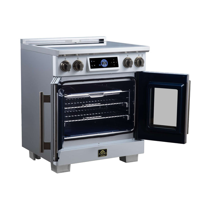 Forno Maximus 30-inch induction range in white left angled view with the door open