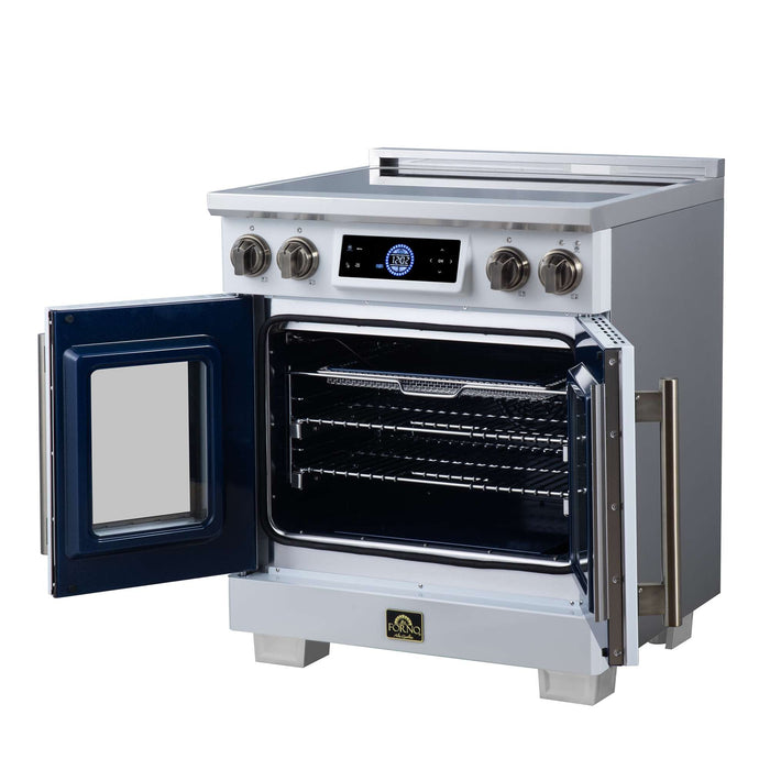 Forno Maximus 30-inch induction range in white right angled view with the door open