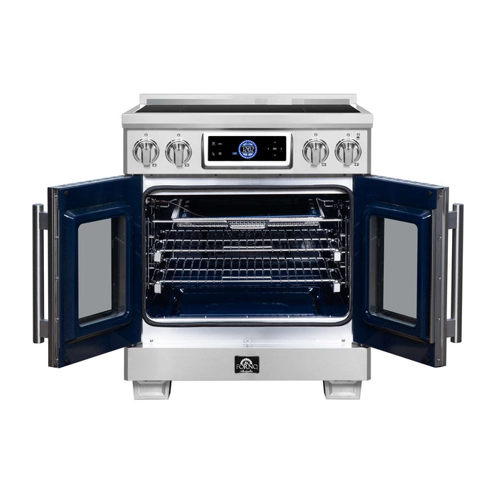 Forno Maximus 30-inch induction range in stainless steel front view with the door open