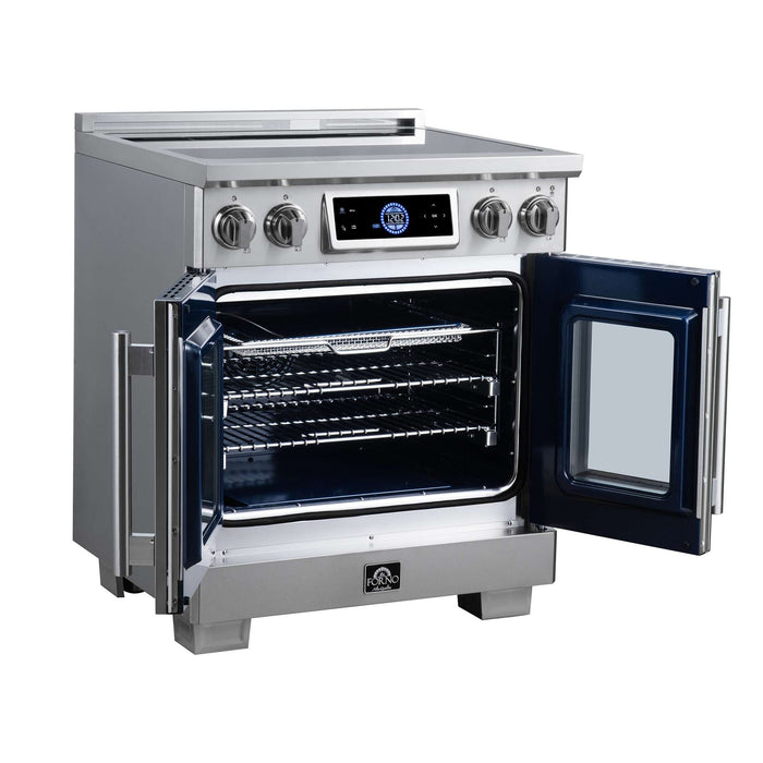 Forno Maximus 30-inch induction range in stainless steel left angled view with the door open