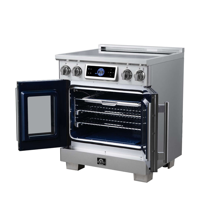 Forno Maximus 30-inch induction range in stainless steel right angled view with the door open
