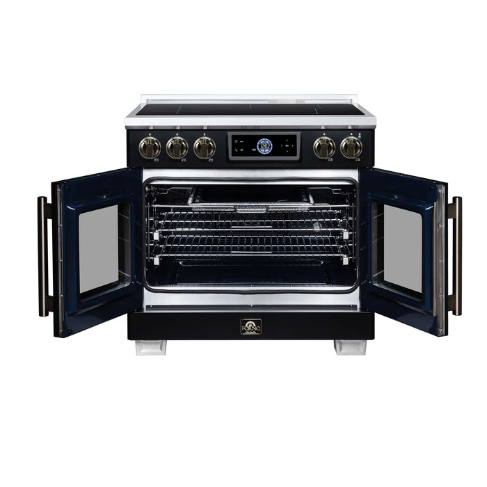 Forno Maximus 36-inch induction range in black front view with the door open