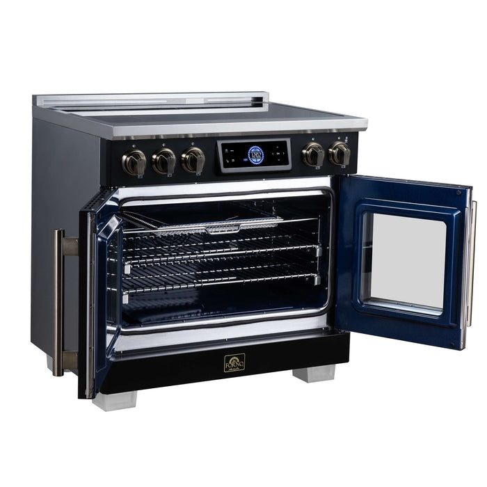 Forno Maximus 36-inch induction range in black left angled view with the door open