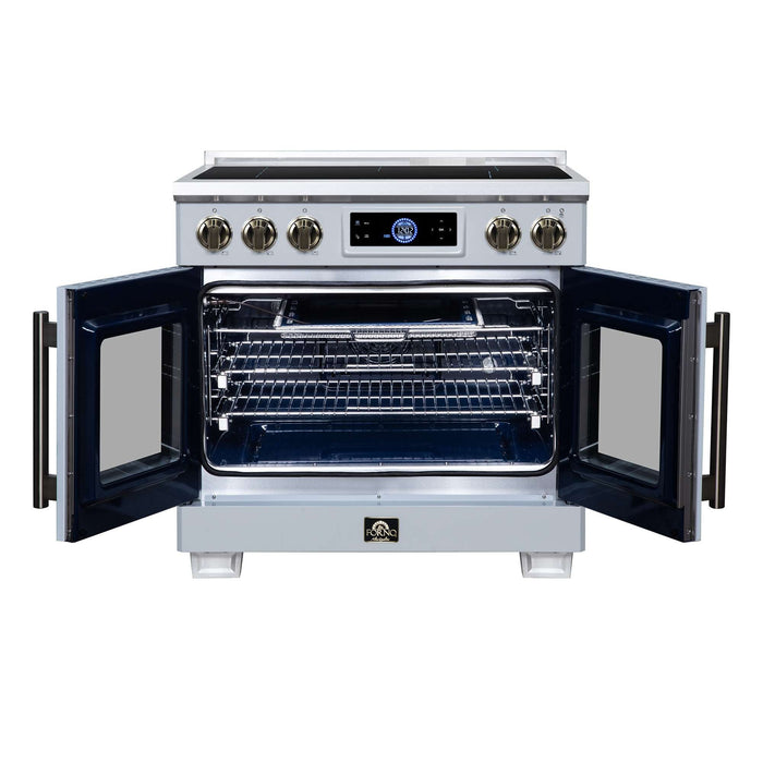 Forno Maximus 36-inch induction range in white front view with the door open