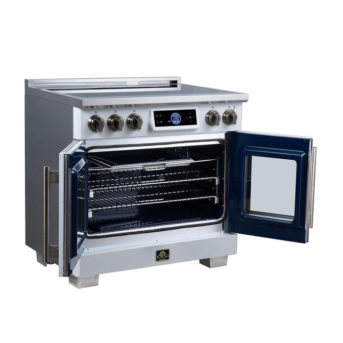 Forno Maximus 36-inch induction range in white left angled view with the door open