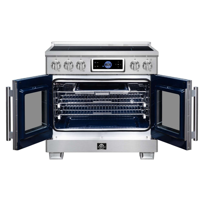 Forno Maximus 36-inch induction range in stainless steel front view with the door open