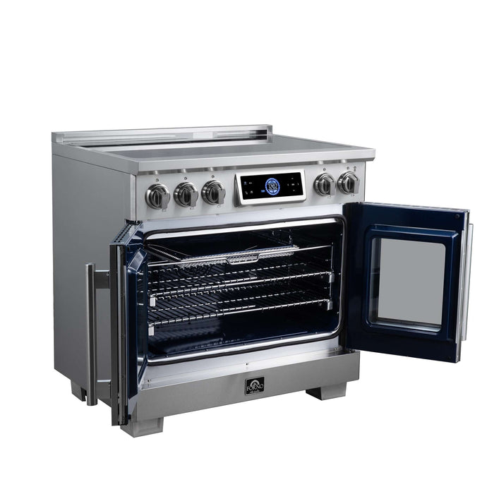 Forno Maximus 36-inch induction range in stainless steel left angled view with the door open