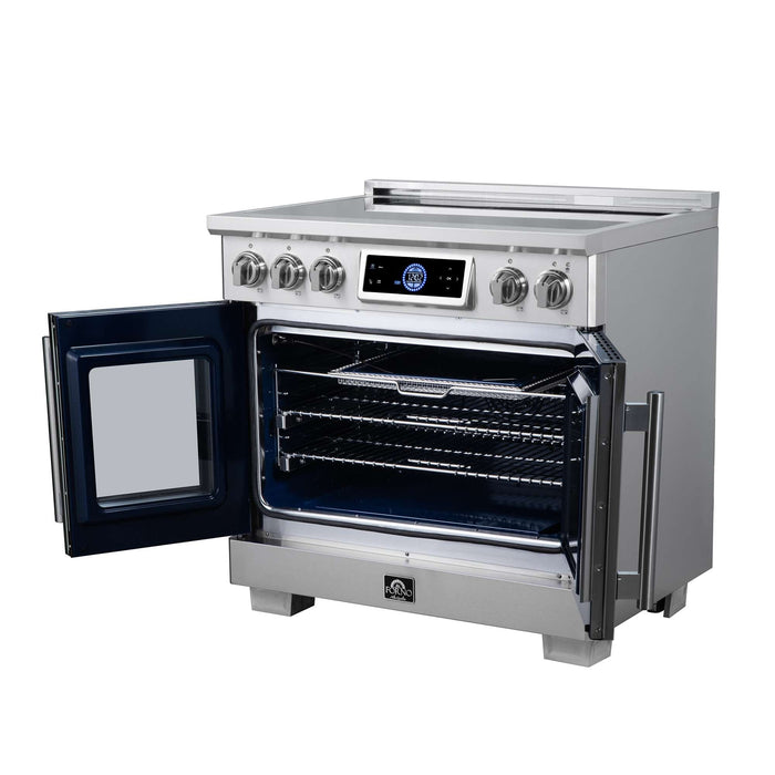 Forno Maximus 36-inch induction range in stainless steel right angled view with the door open