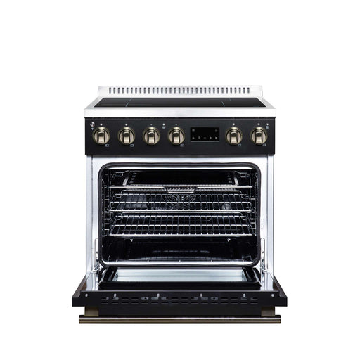 Forno Torino 30-inch induction range in black front view with the door open