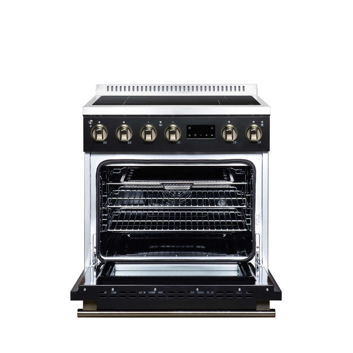 Forno Torino 30-inch induction range in black front view with the door open