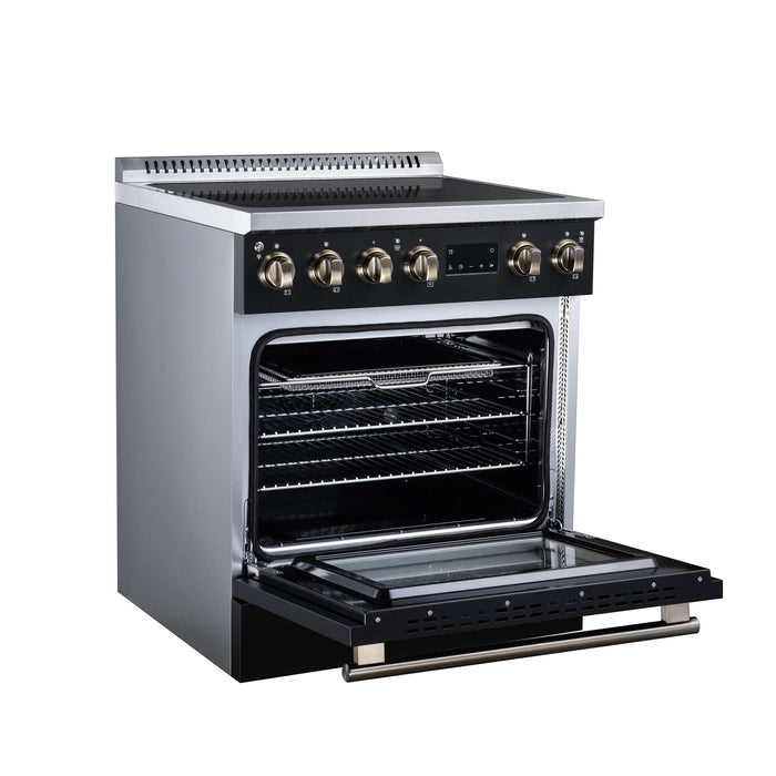 Forno Torino 30-inch induction range in black left angled view with the door open