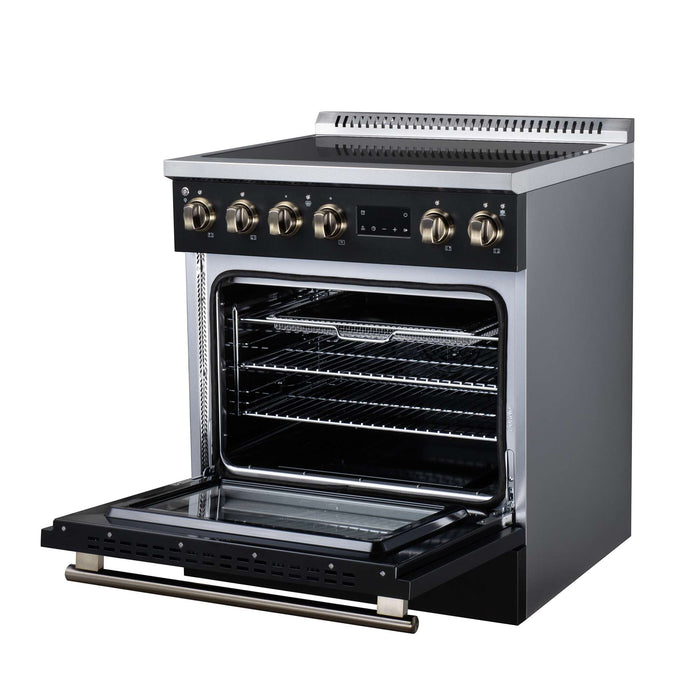 Forno Torino 30-inch induction range in black right angled view with the door open
