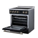 Forno Torino 30-inch induction range in black right angled view with the door open
