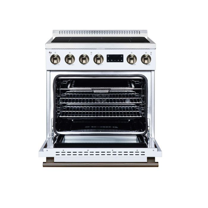 Forno Torino 30-inch induction range in white front view with the door open