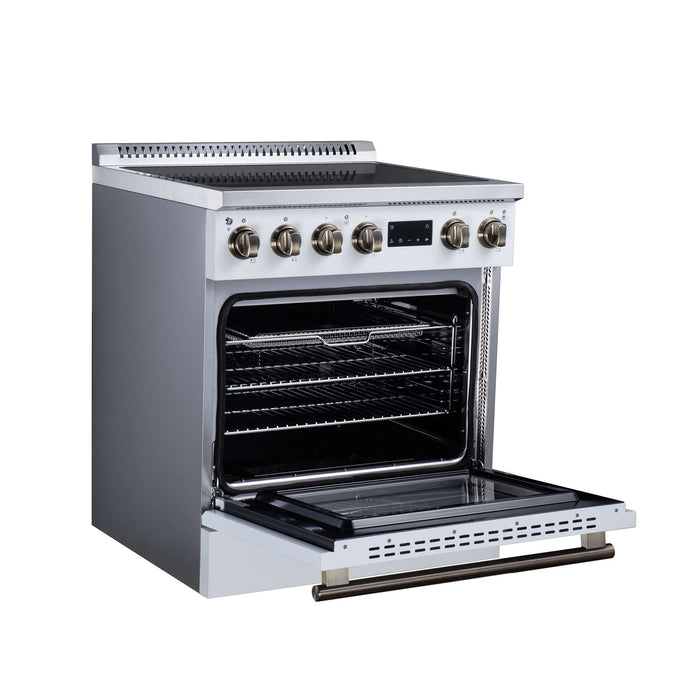 Forno Torino 30-inch induction range in white left angled view with the door open