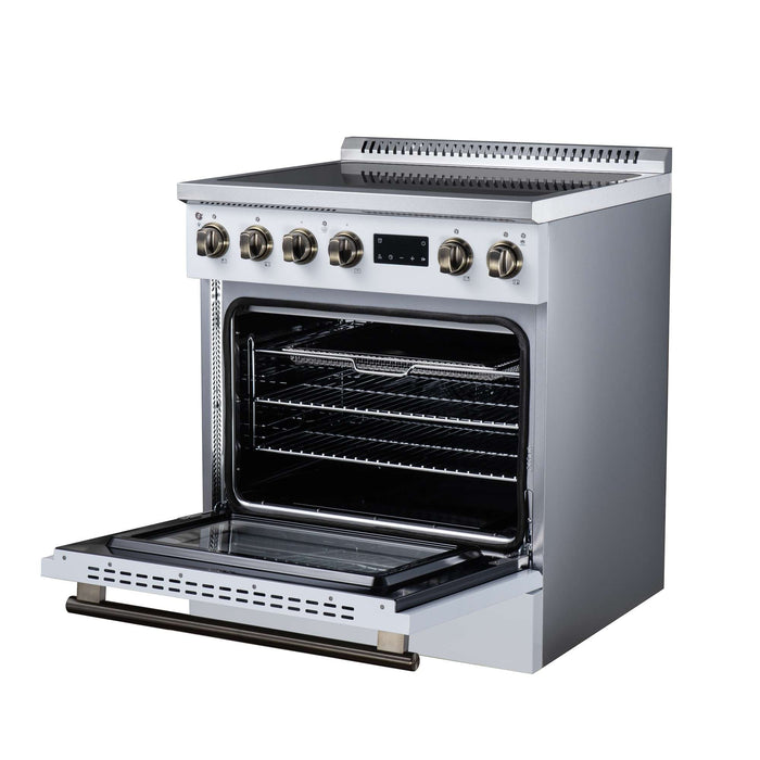 Forno Torino 30-inch induction range in white right angled view with the door open