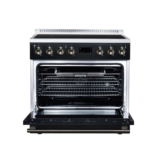 Forno Torino 36-inch induction range in black front view with the door open