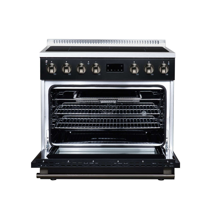 Forno Torino 36-inch induction range in black front view with the door open