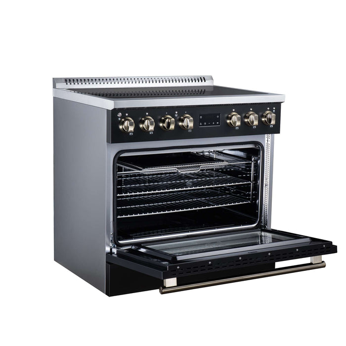 Forno Torino 36-inch induction range in black left angled view with the door open
