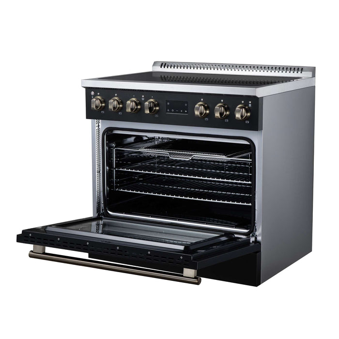 Forno Torino 36-inch induction range in black right angled view with the door open