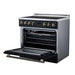 Forno Torino 36-inch induction range in black right angled view with the door open