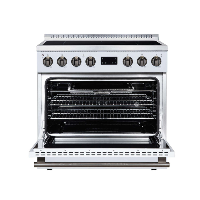 Forno Torino 36-inch induction range in white front view with the door open