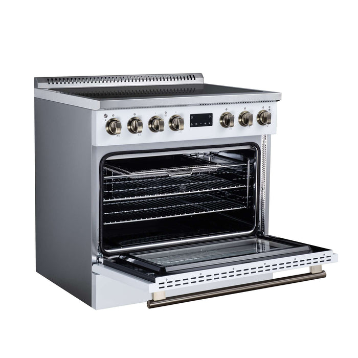 Forno Torino 36-inch induction range in white left angled view with the door open
