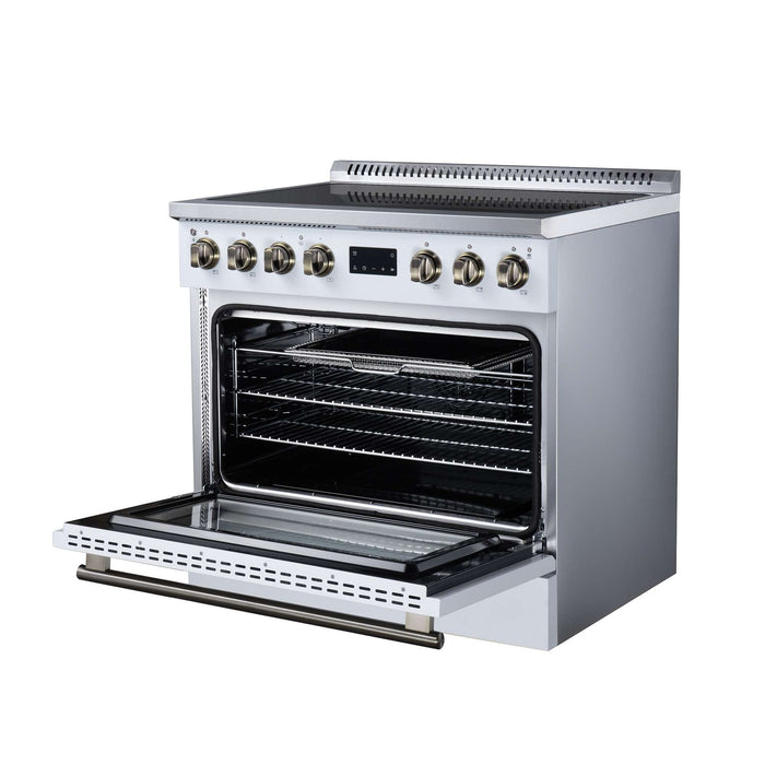 Forno Torino 36-inch induction range in white right angled view with the door open