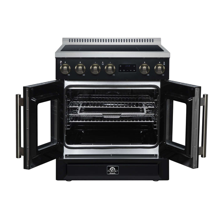 Forno Torino 30-inch induction range in black front view with the door open