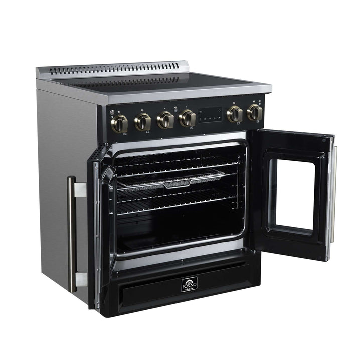 Forno Torino 30-inch induction range in black left angled view with the door open