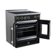 Forno Torino 30-inch induction range in black left angled view with the door open