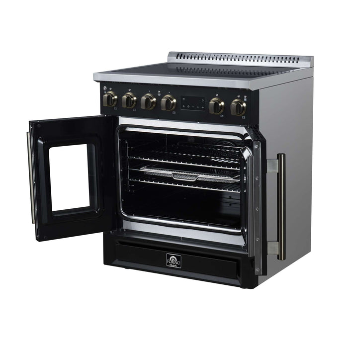 Forno Torino 30-inch induction range in black right angled view with the door open