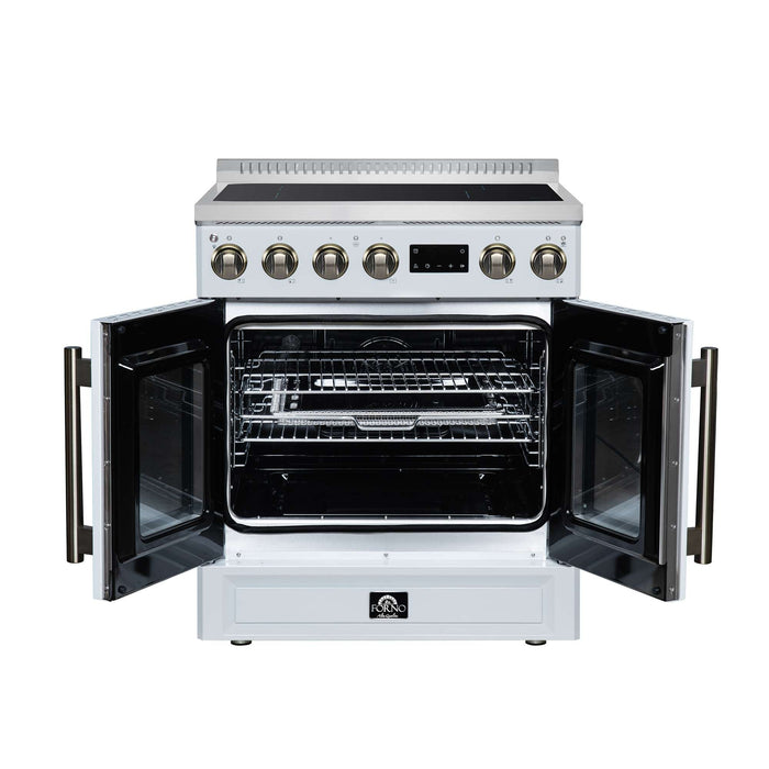 Forno Torino 30-inch induction range in white front view with the door open
