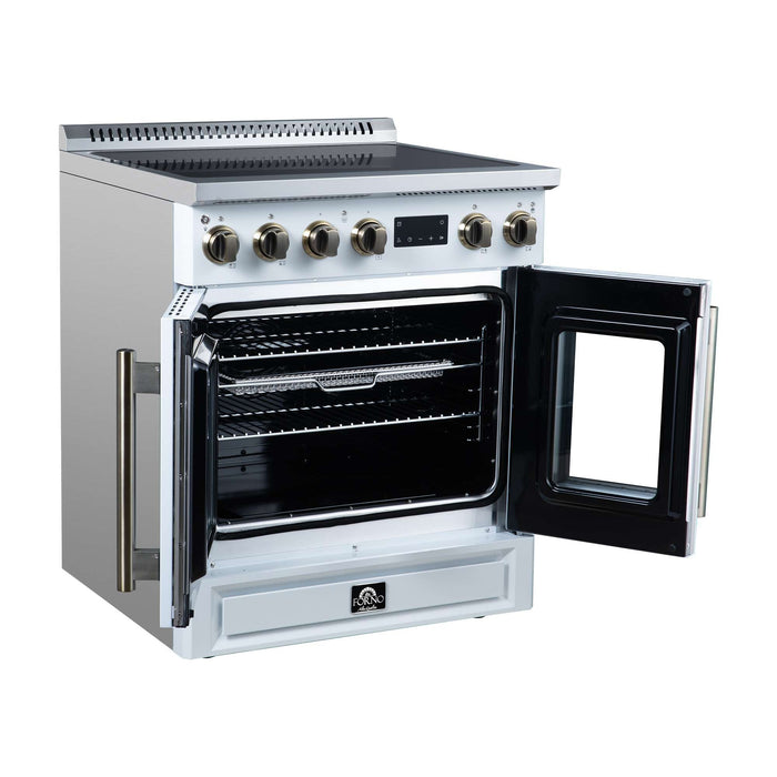 Forno Torino 30-inch induction range in white left angled view with the door open