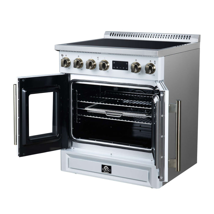 Forno Torino 30-inch induction range in white right angled view with the door open